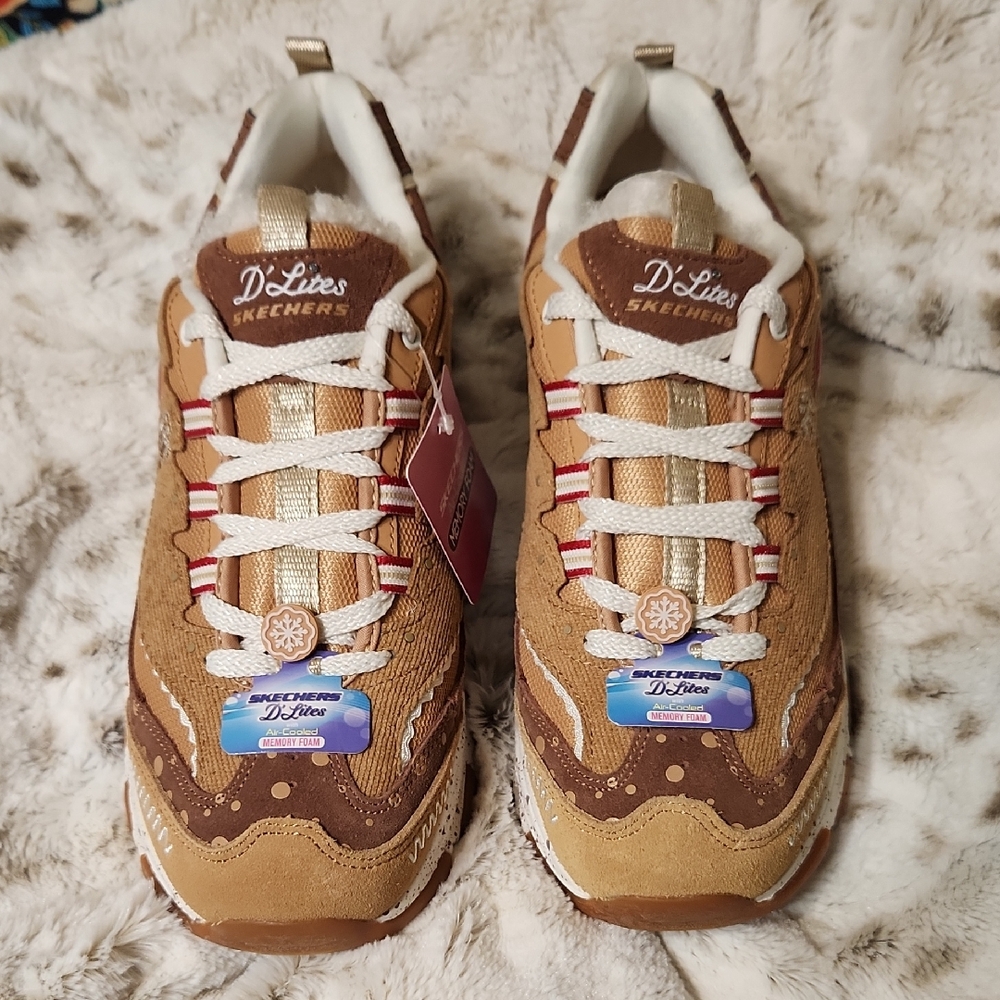 Skechers D'Lites Gingerbread Holiday Tan and White Sneakers